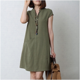 Cotton Linen Dress V-Neck